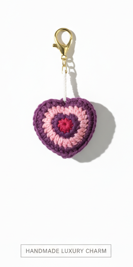 Amethyst Bloom Crochet Heart Charm – Handmade