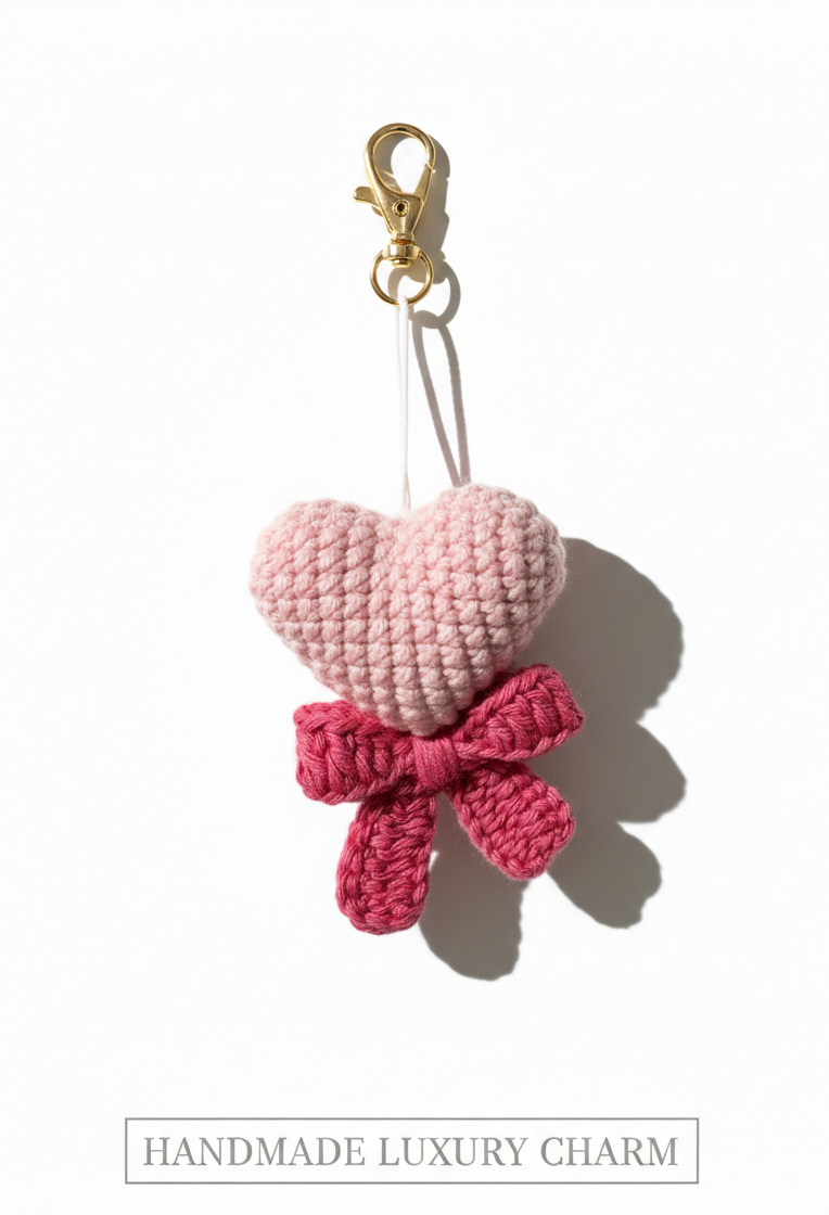 Blush Heart Bow Crochet Charm – Handmade Sweetie