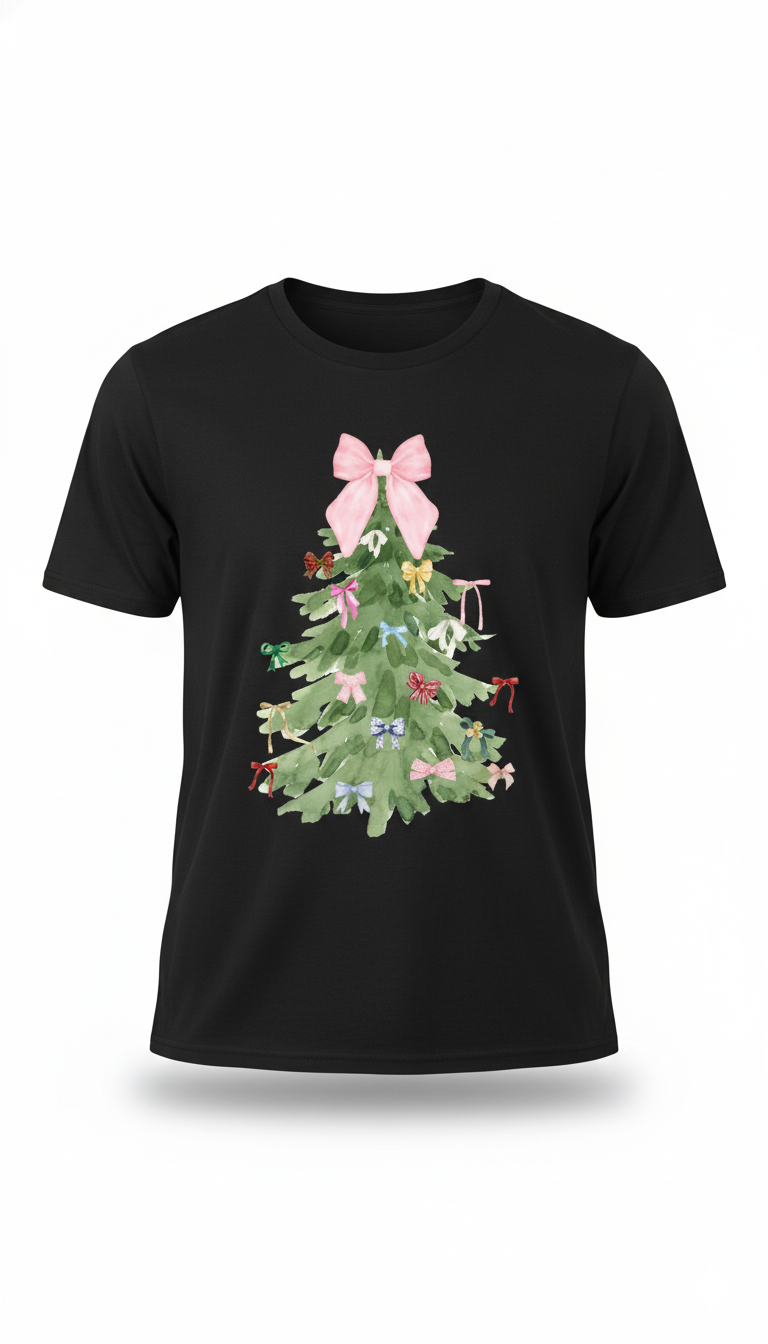 🎀 Bow-Decor Christmas Tree Tee — Festive &Feminine Style!