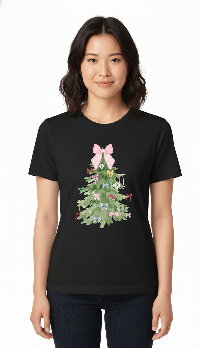 🎀 Bow-Decor Christmas Tree Tee — Festive &Feminine Style!