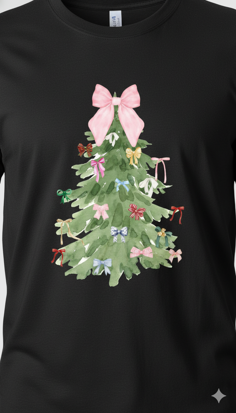 🎀 Bow-Decor Christmas Tree Tee — Festive &Feminine Style!