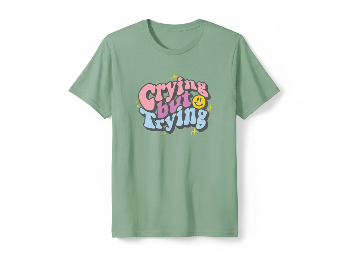 Crying But Trying – Relatable Mood Graphic Tee