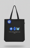 Cosmic Protection Tote – Evil Eye & Hamsa Canvas Bag with Handmade Crochet Charm