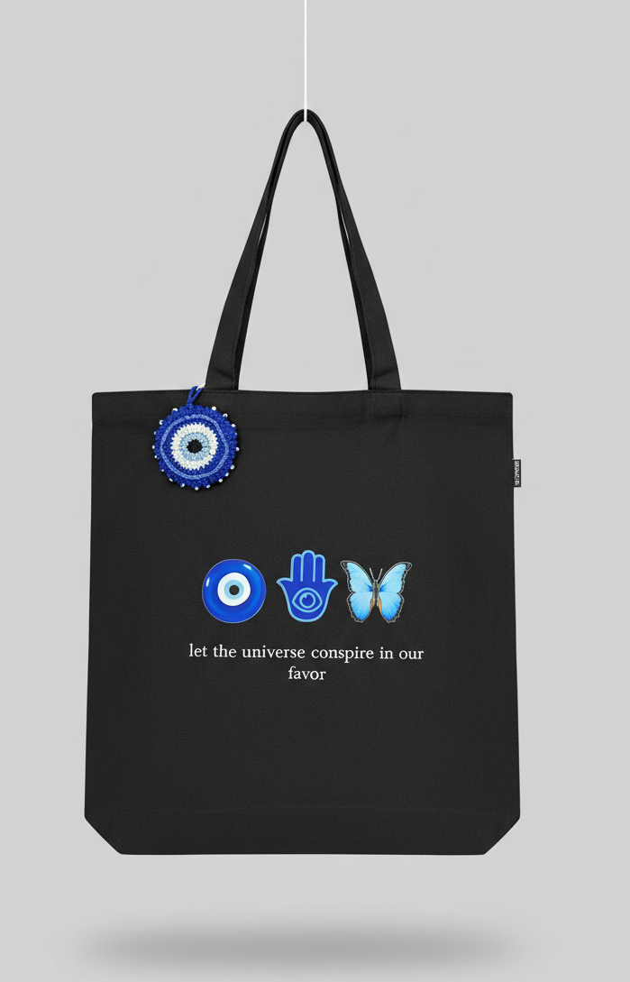 Cosmic Protection Tote – Evil Eye & Hamsa Canvas Bag with Handmade Crochet Charm