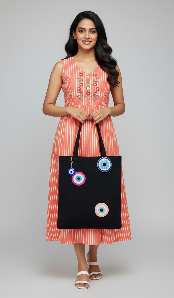 Midnight Charm Tote – Handcrafted Evil Eye Statement Bag
