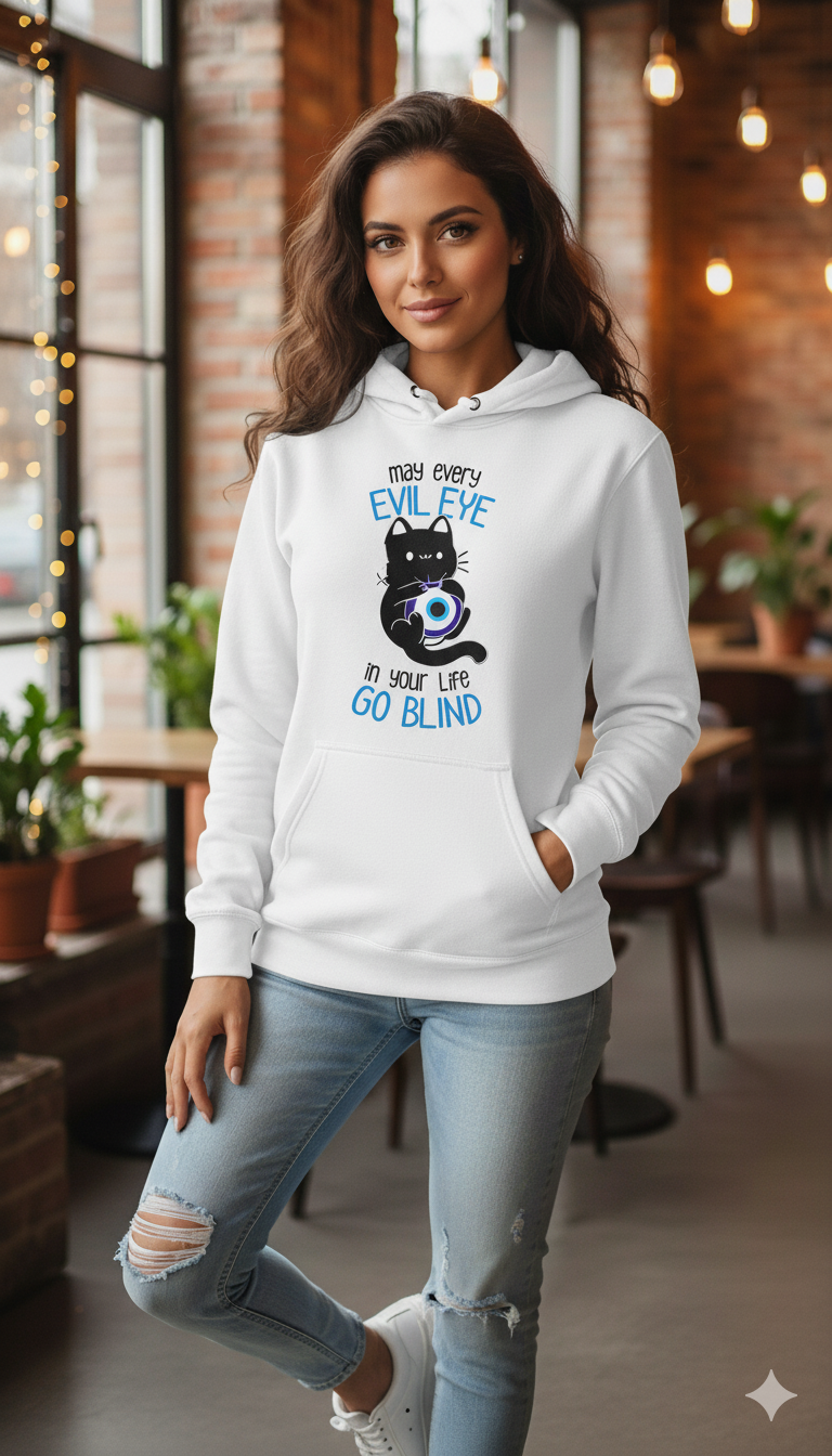 "May Every Evil Eye Go Blind” Lucky Cat Hoodie