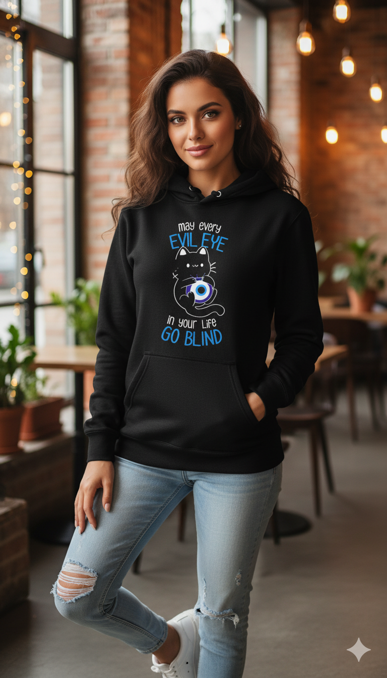 "May Every Evil Eye Go Blind” Lucky Cat Hoodie